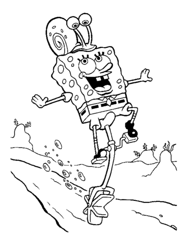 Gary The Snail Is On The Head Of Spongebob Coloring Page